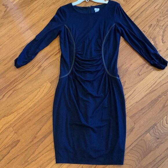 Cache’ Size Large Navy blue dress with black faux leather trim - Picture 1 of 13